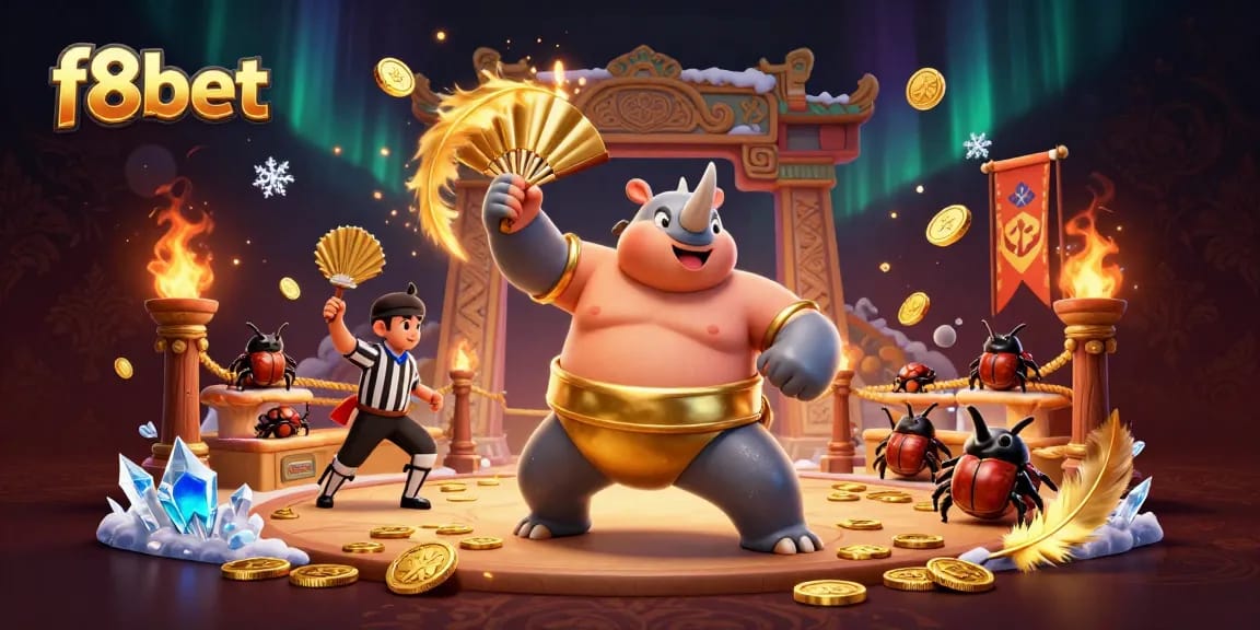 Experience thrilling gameplay at f8bet with a sumo beetle champion unleashing golden coins in a dynamic casino scene.