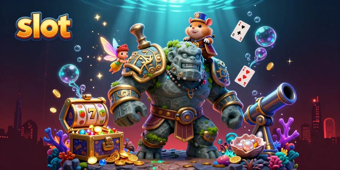 Spin the slot reels while the golem guardian and fairy companion cast magic in a vibrant casino world.