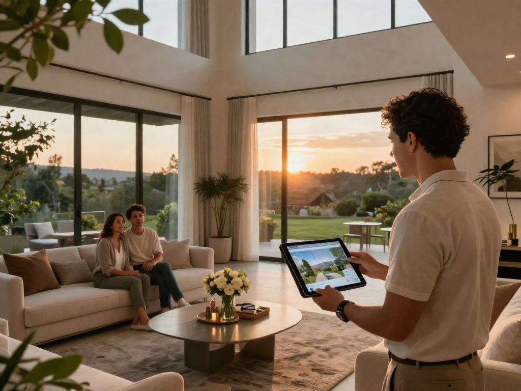 Engaging real estate scene with agent showcasing a property, emphasizing depo 10k features and modern living.