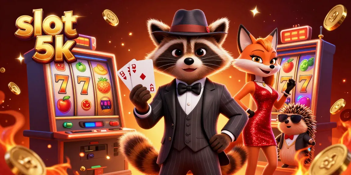 Spin slot 5k reels with a suave raccoon, dazzling fox, and hedgehog bouncer in a vibrant casino.