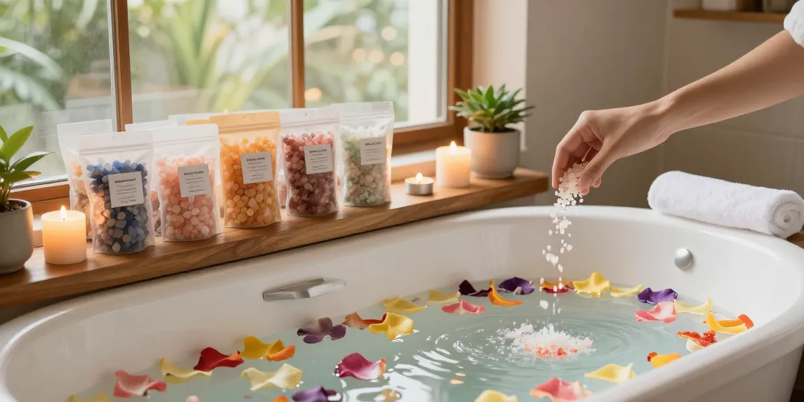 Buy bath salts online in a serene home spa setting with various options and calming atmosphere.