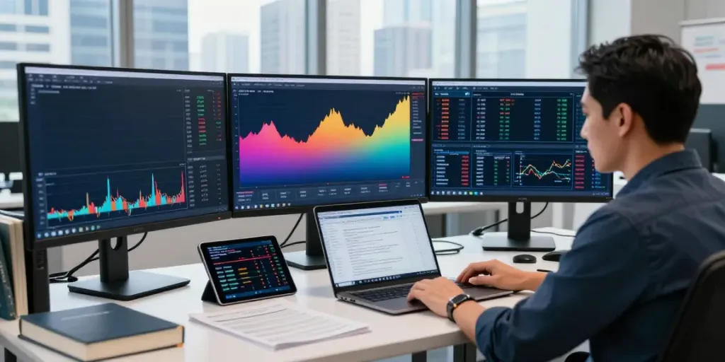 Professional trader analyzing charts on MetaTrader 5 in a bright office setting.