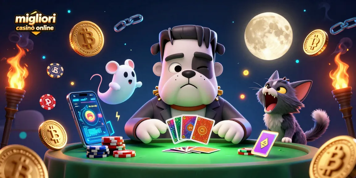 Giocare ai migliori casinò online con il bulldog Frankenstein e il micio lupo insieme a monete di criptovaluta.