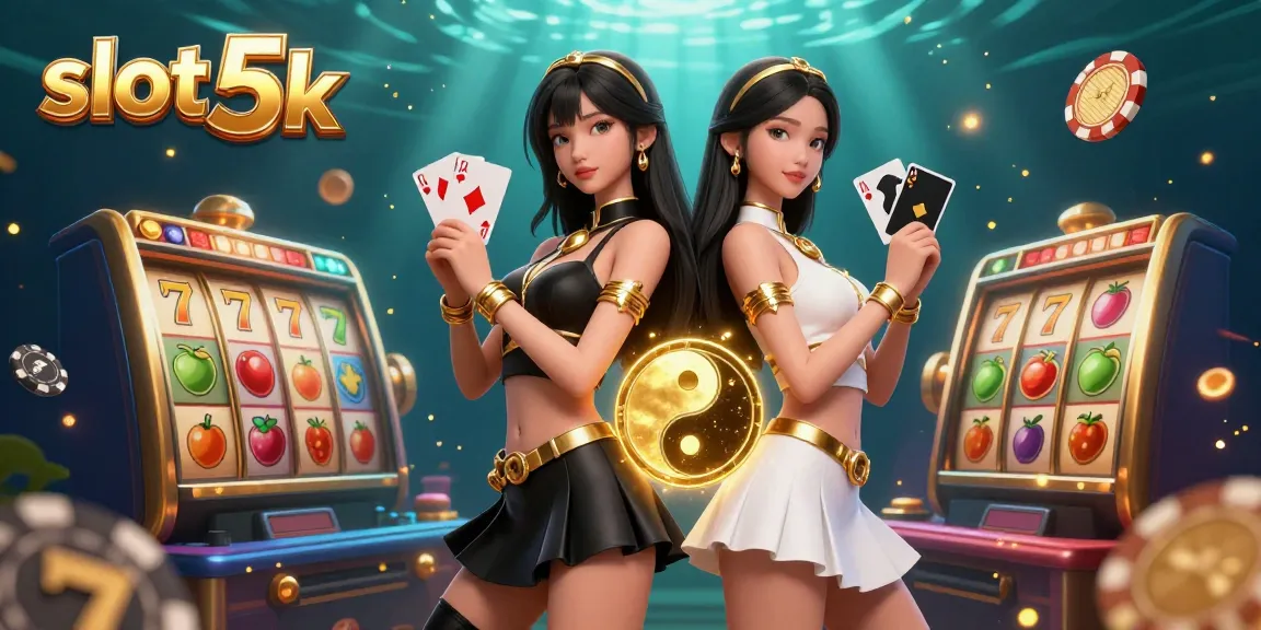 Experience thrilling slot 5k action with a stunning illustration of twin women and dynamic casino elements.