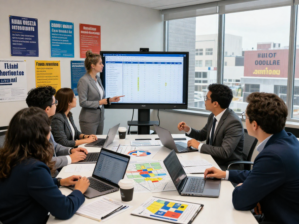 Political campaign team analyzing candidate reputation management data in a modern office setting.
