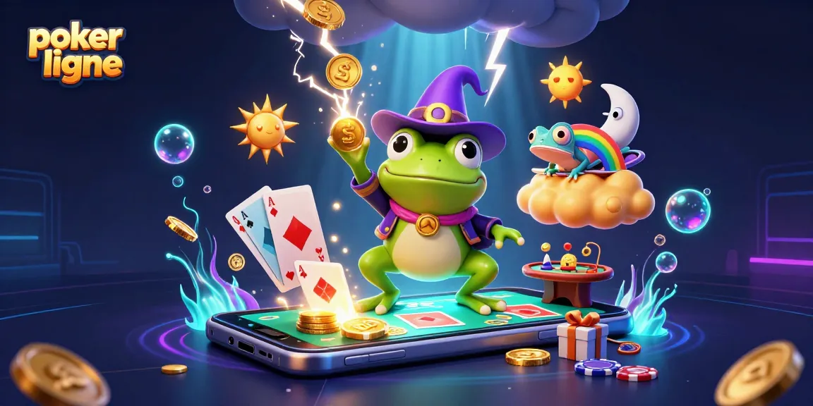 Jouer au poker ligne avec une illustration fantastique de personnages animés et des éléments de casino captivants.