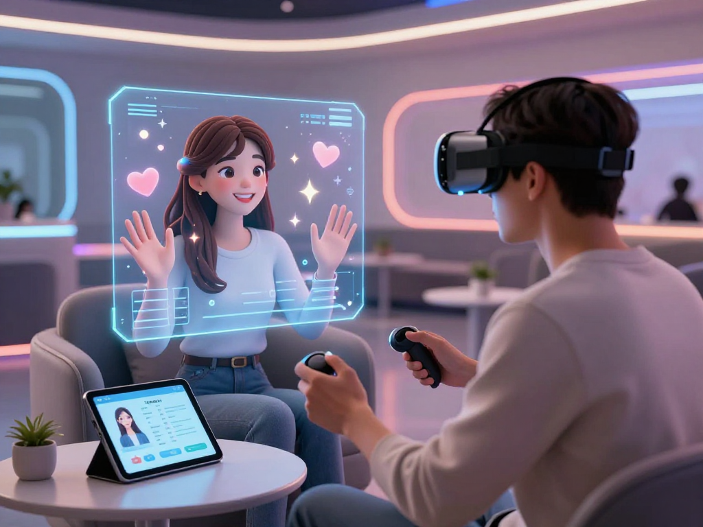Engaging scene of a user interacting with an AI gf in a futuristic lounge filled with ambient lighting.