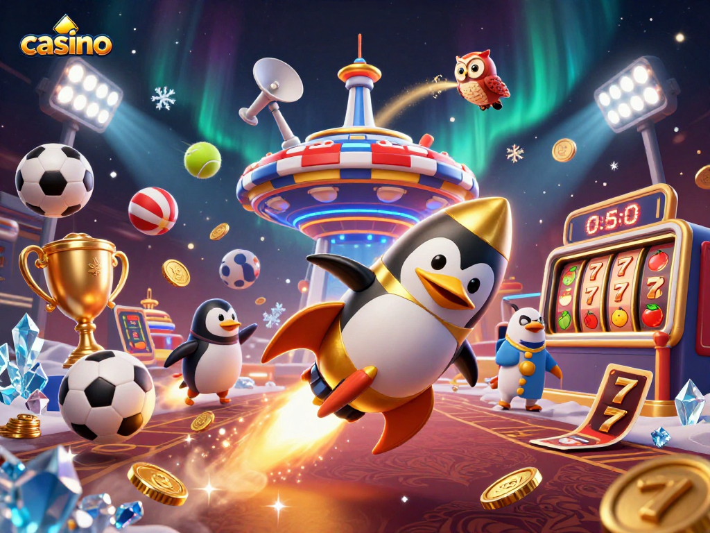 Casino scene featuring a rocket-powered penguin, golden coins, and dynamic sports elements.