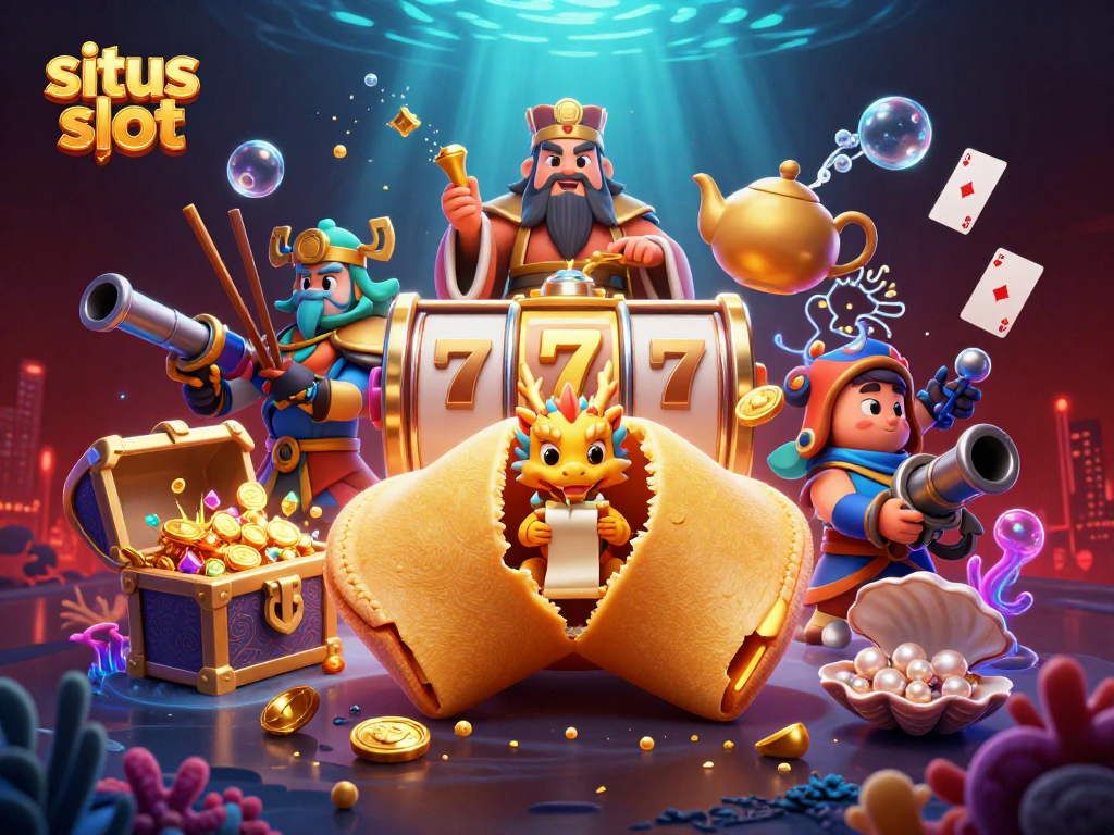 Situs slot combines exciting elements of gaming, featuring a golden fortune cookie amidst vibrant characters and treasures.
