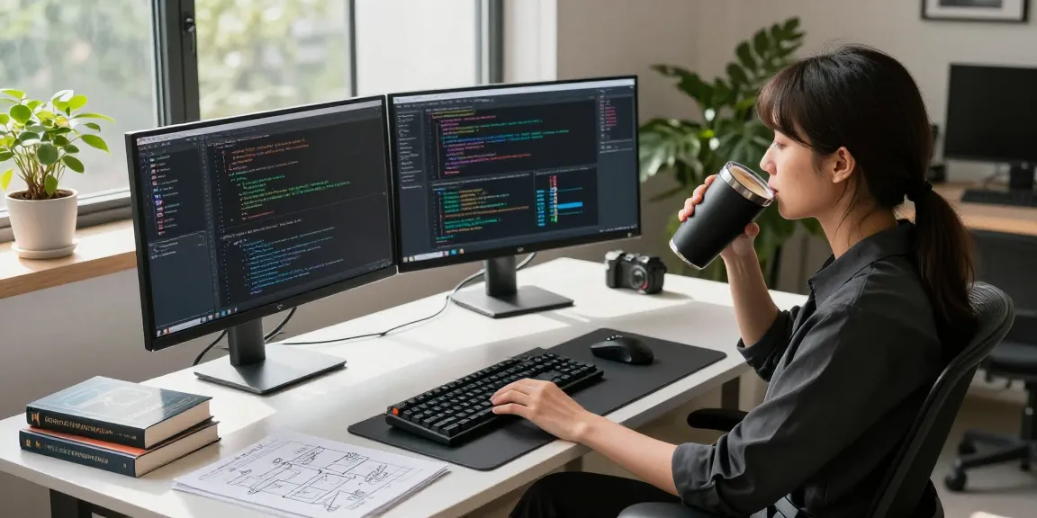 Developer coding OpenClaw skills at a modern workspace, with dual monitors and coffee.