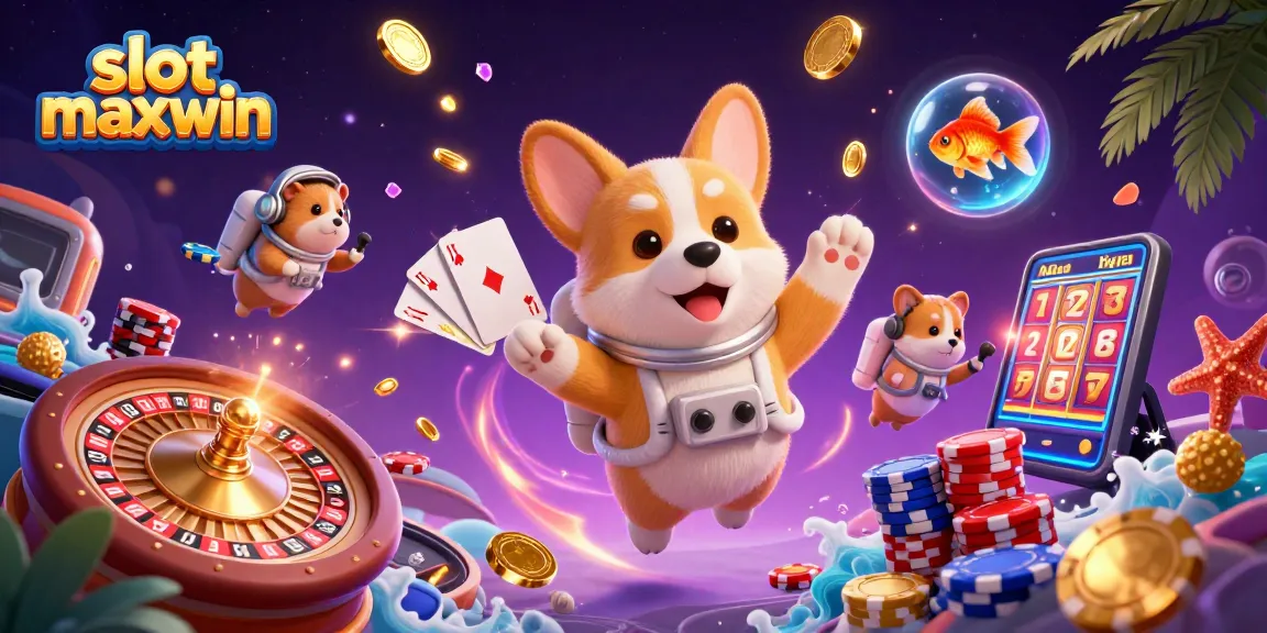 Engage with slot maxwin in a vibrant digital casino scene featuring a floating corgi and cosmic elements.