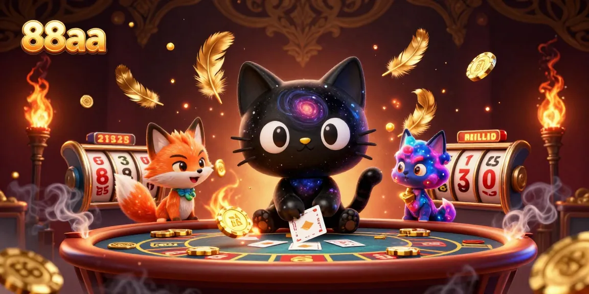 Experience the excitement of 88aa casino with a captivating cosmic scene featuring a black hole cat and a nebula fox.