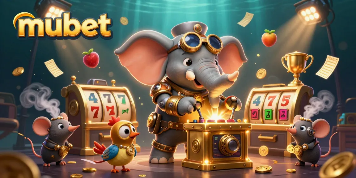 Experience the thrill of mubet with a steampunk elephant winning at the slot machine in this dynamic casino scene.