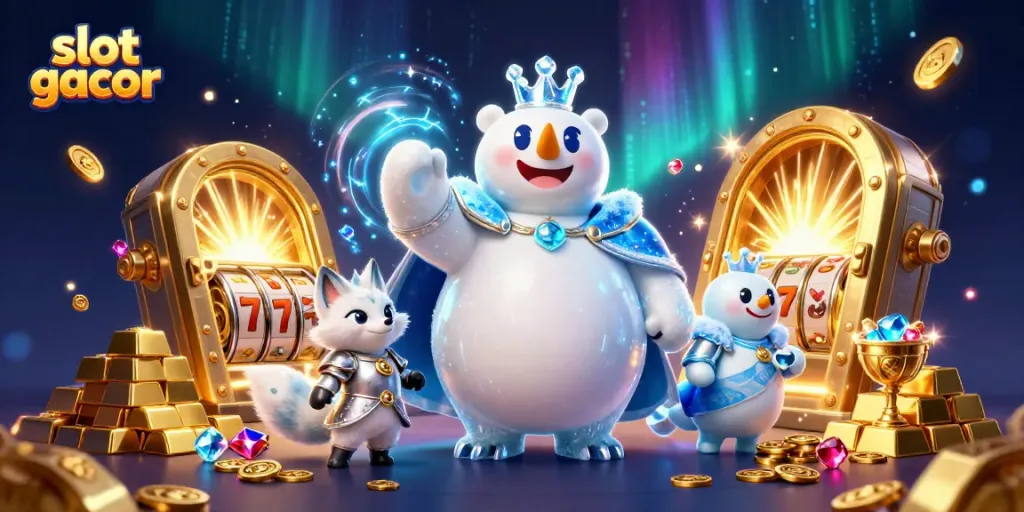 Experience the thrill of slot gacor with this vivid casino-themed illustration, showcasing a polar bear king.