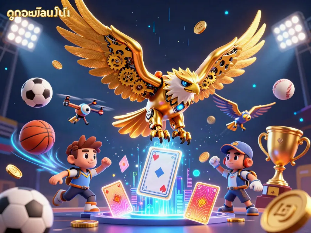 Enjoy seamless ดูบอลออนไลน์ with a cybernetic eagle flying among dynamic sports elements and holographic visuals.