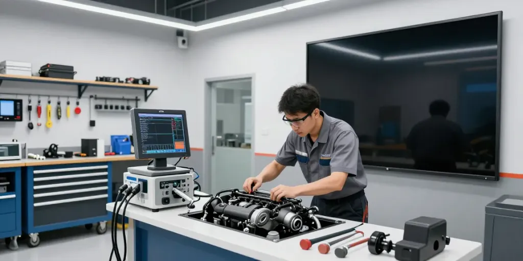 Erfahrener Mechaniker in einer professionellen BMW Werkstatt Hannover repariert einen Motor.