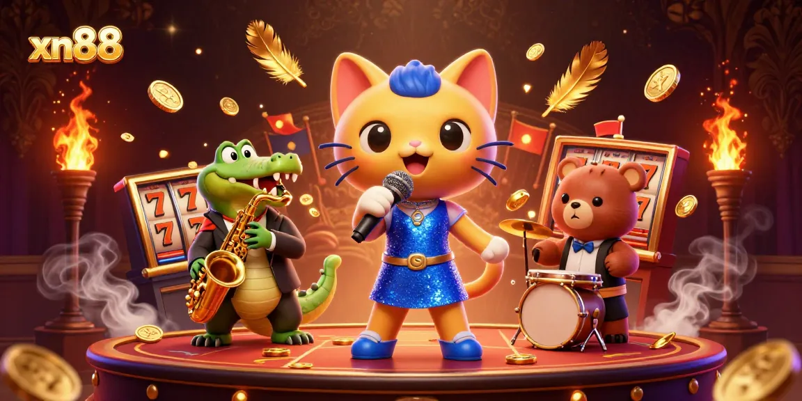 Spin the slots with xn88 in this vibrant 3D casino scene featuring characters and golden elements.