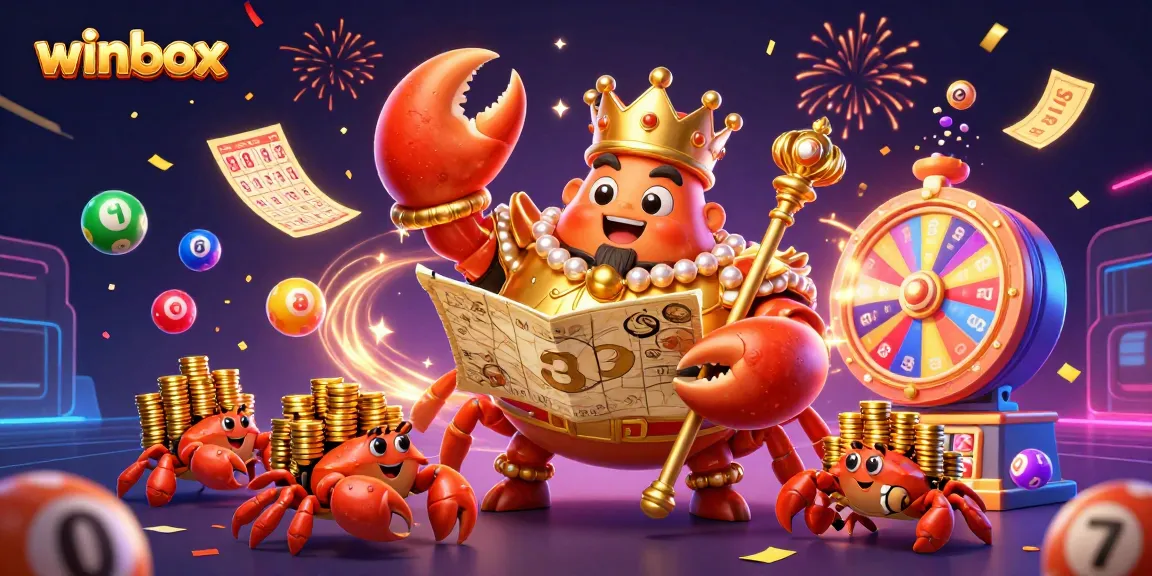 Experience the excitement with winbox, featuring vibrant lottery balls, golden chips, and a majestic crab emperor.