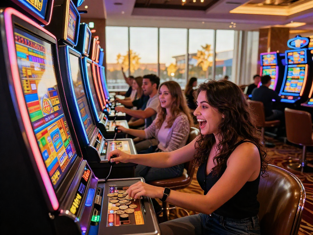 Excited woman playing a bandar slot machine at a lively casino, surrounded by colorful lights and players.