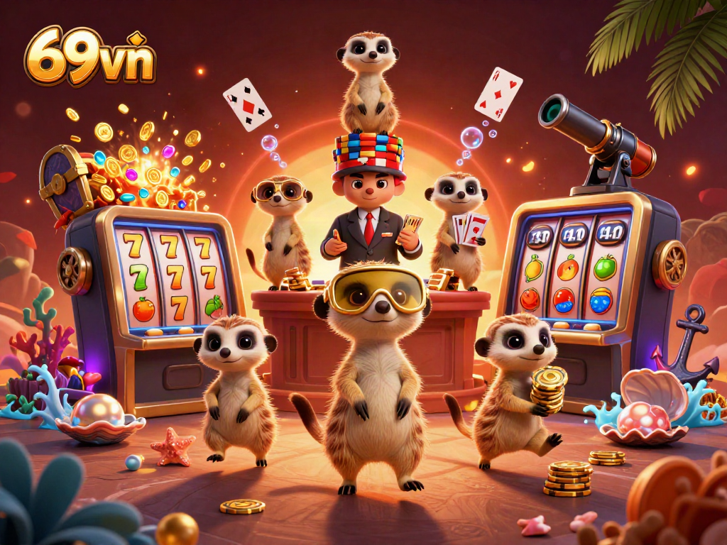 Engage in fun at 69vn's cartoon casino with meerkats and vibrant game elements!