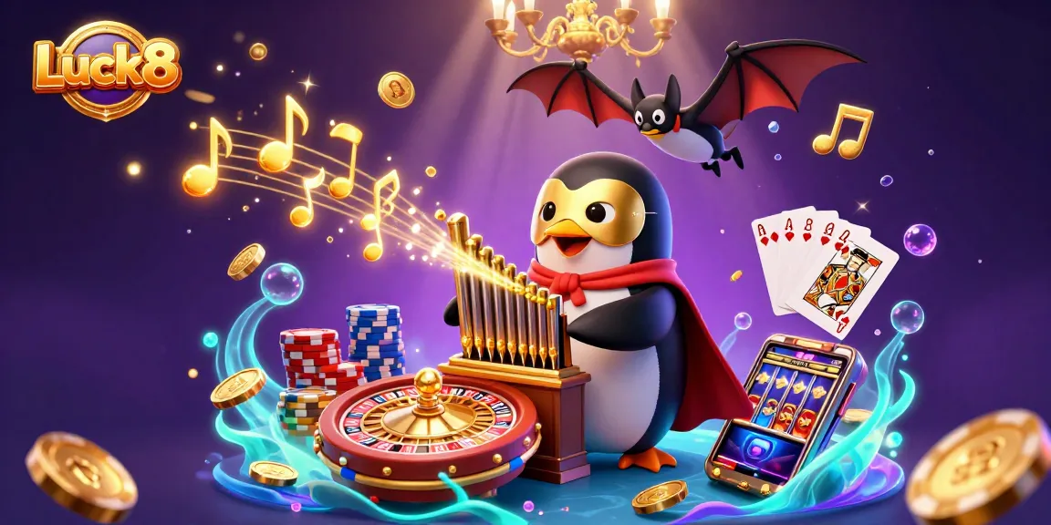 Win big at Luck8 with an exciting 3D casino scene featuring a penguin playing an organ amidst flying coins and vibrant poker elements.