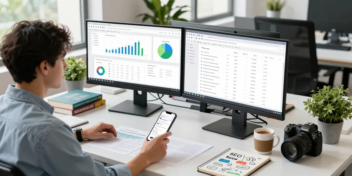 Digital marketing expert analyzing SEO backlink services data on monitors in a modern workspace.