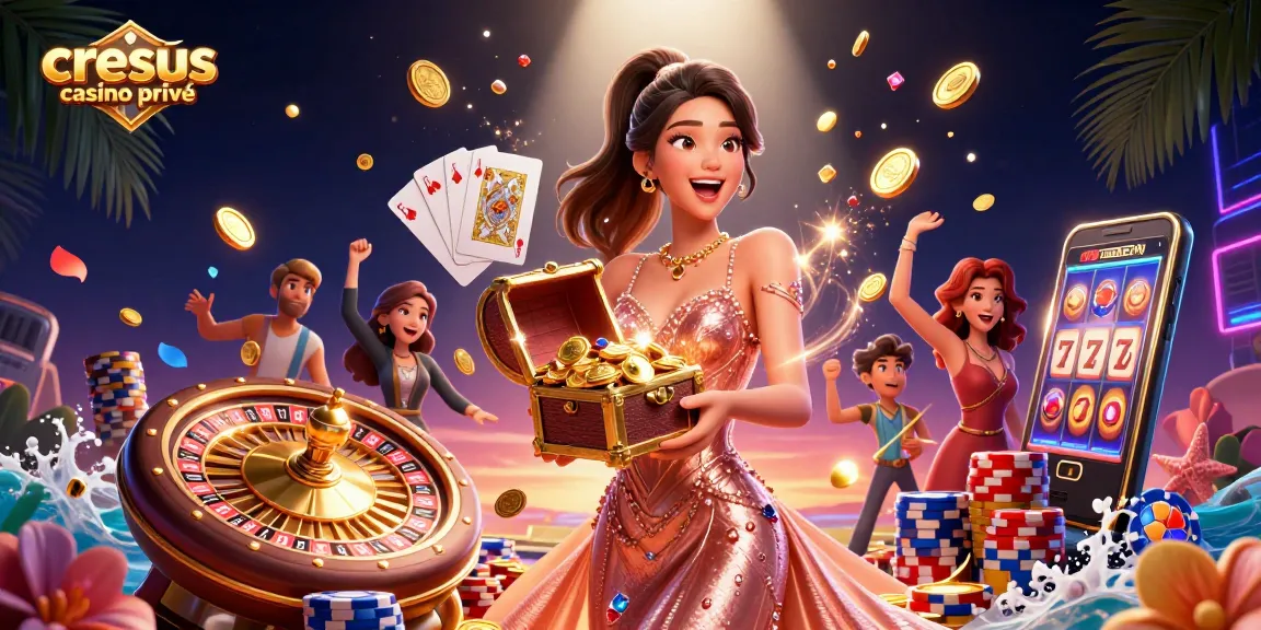 Interagissez avec le cresus casino privé, présentant une femme asiatique joyeuse révélant un trésor dans un cadre de casino vibrant.