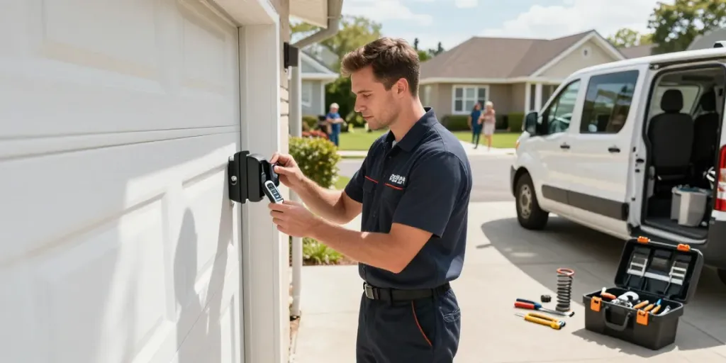 Garage door technician fixing a garage door remote not working in Bayswater, with tools and van visible.