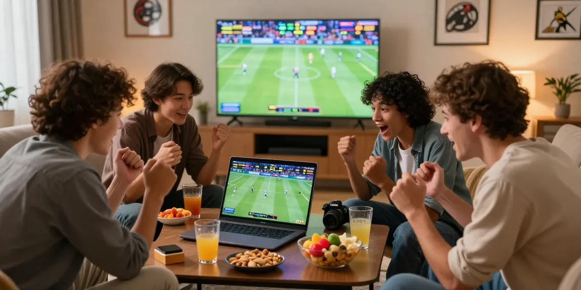 Friends enjoying a newbet4d online betting experience in a lively living room setting.