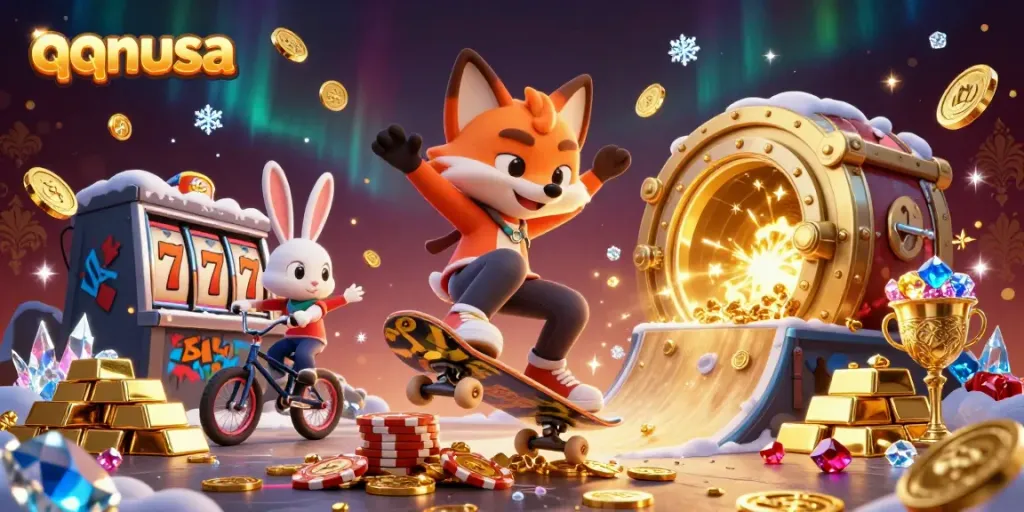 Experience thrilling action with qqnusa as a fox skater jumps over golden poker chips with a BMX rabbit