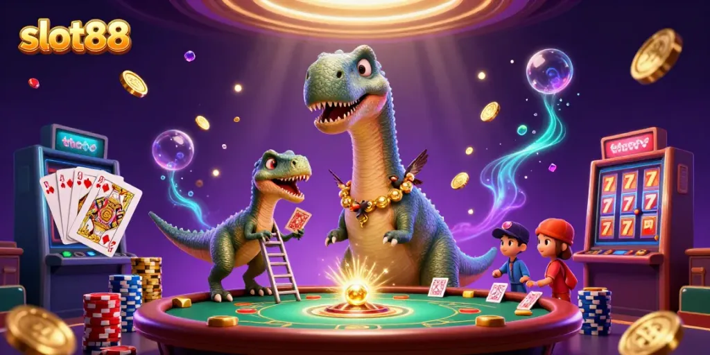 Engage with slot88's lively casino atmosphere featuring a brontosaurus and raptor dealing cards.