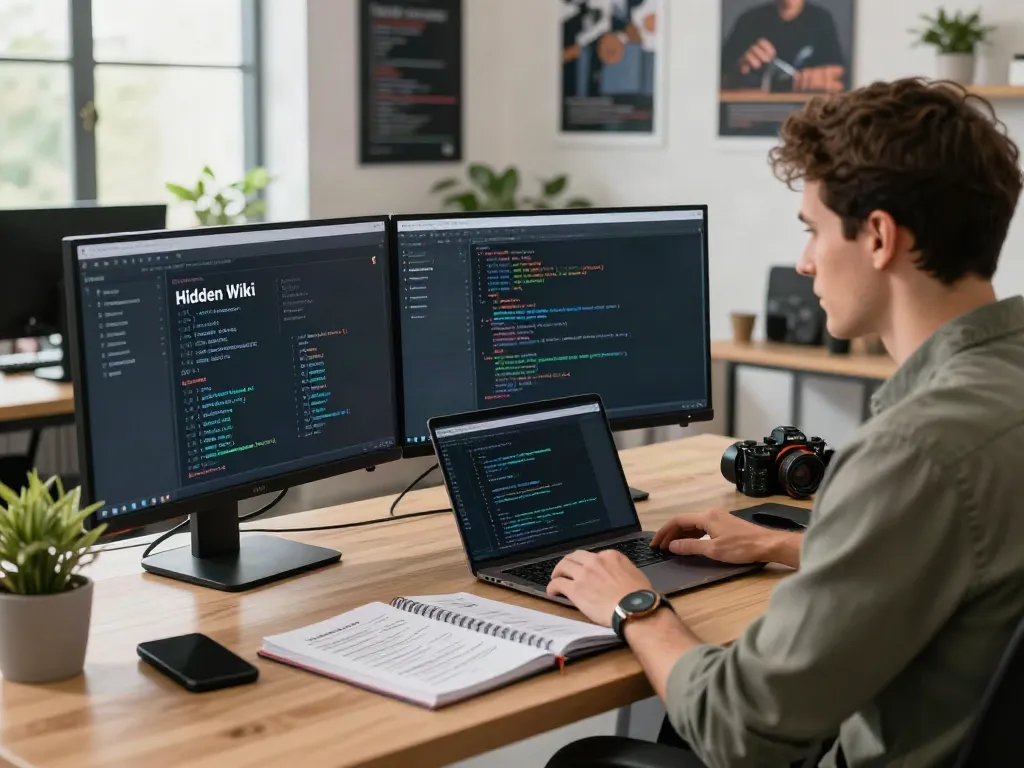 Cybersecurity expert analyzing the hidden wiki links in a modern tech workspace