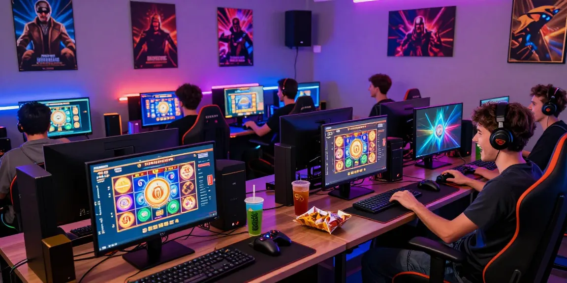 Engaged players enjoying exciting online slot games at KECAK4D, showcasing colorful interfaces and modern gaming setup.