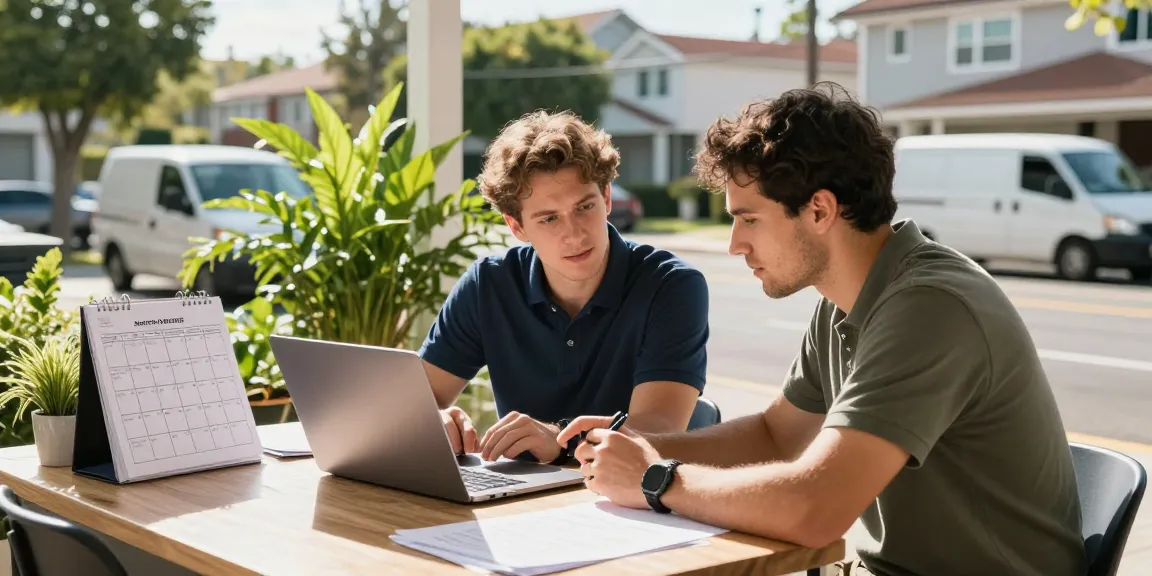 Brothers strategizing as a home service marketing agency; vibrant outdoor setting showcasing local dominance.