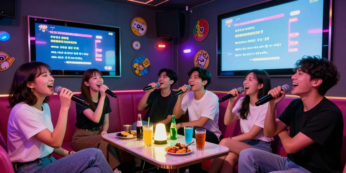 Karaoke enthusiasts enjoying a lively night at a 강남노래방, singing and having fun with colorful lights and snacks.