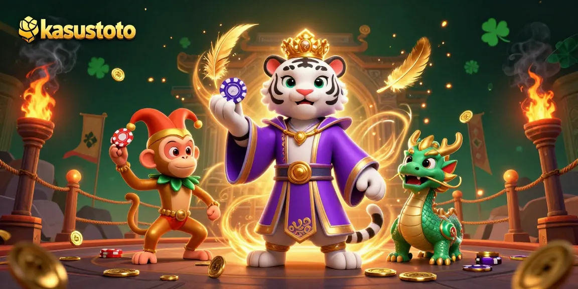 Kasustoto menampilkan harimau putih bermahkota, monyet jester, dan naga giok dalam arena judi yang meriah.
