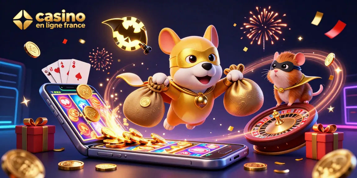 Plongez dans l'univers du casino en ligne France avec un chien super-héros et un hamster, entourés de jeux effrénés.
