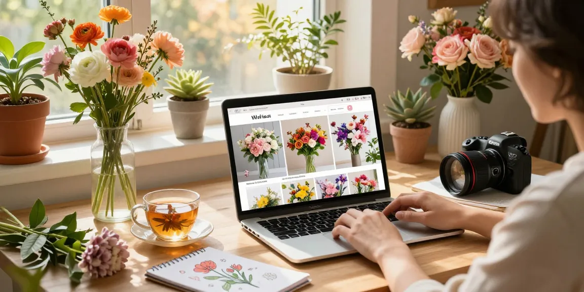 Browsing MODALWD online floral store for seasonal arrangements in a cozy home atmosphere.