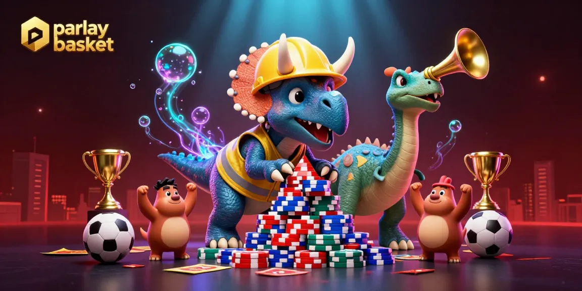 Experience parlay basket excitement with cartoon dinosaurs celebrating in a dynamic gambling scene