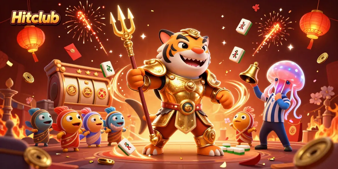 Experience the excitement of Hitclub with a themed underwater casino featuring a tiger shark gladiator and vibrant game elements.