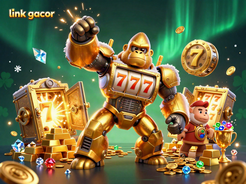 Engage with link gacor in a thrilling casino-themed illustration featuring a golden gorilla mech and treasures.