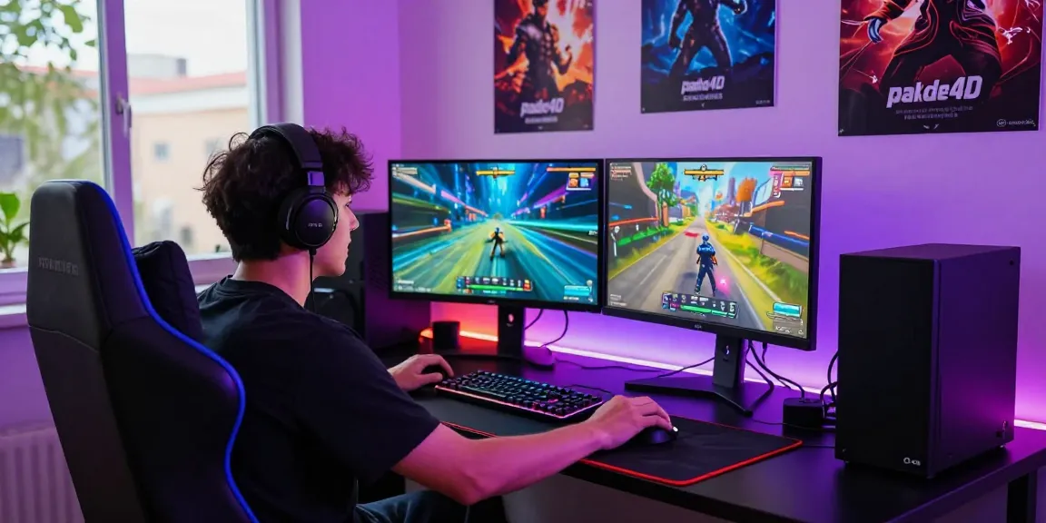 Gamer fully engaged in playing on the pakde4d platform with dual monitors and vibrant lighting.