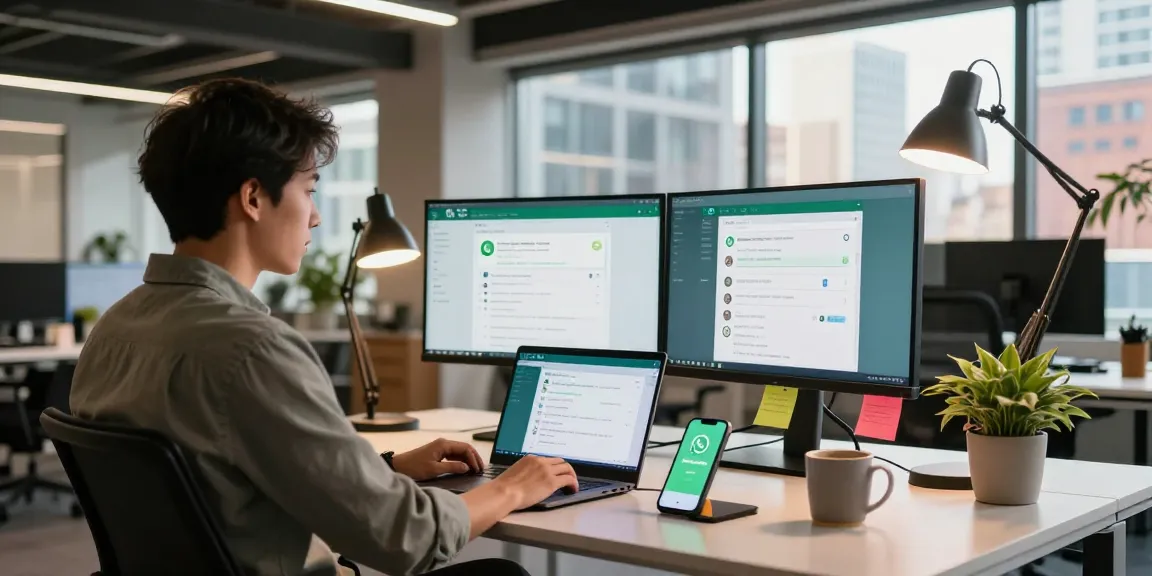 Professional workspace featuring WhatsApp網頁版 on screens, inspiring digital communication.