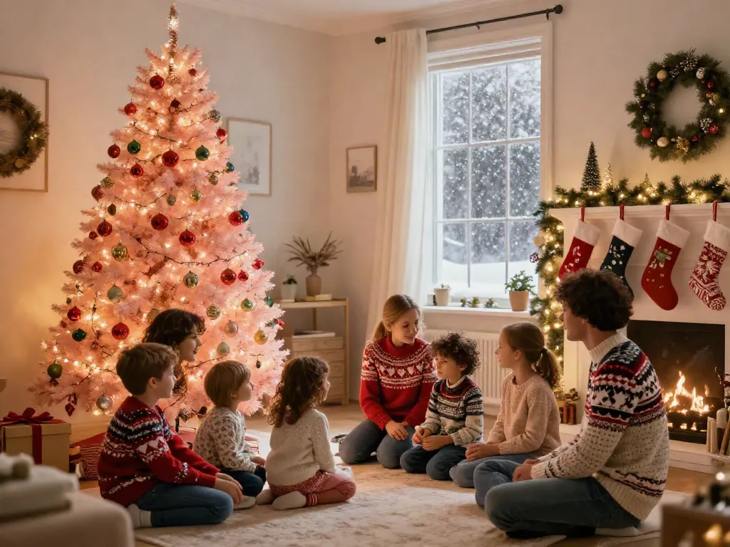Light pink Christmas tree beautifully decorated with ornaments in a cozy festive living room.