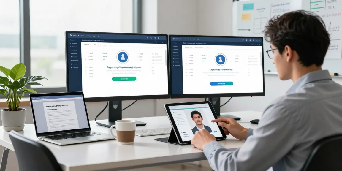 Age verification system being demonstrated in a modern office with dual monitors showing real-time analytics.