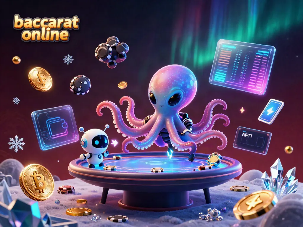 Engage with baccarat online in a dynamic 3D scene featuring an alien octopus and robot at a poker table.