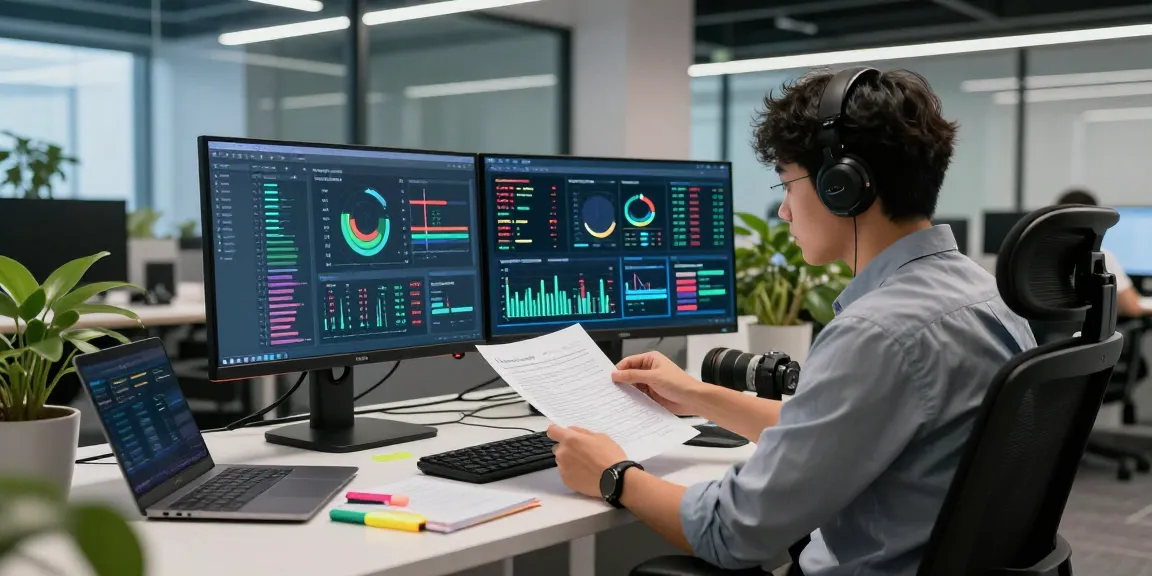 Document fraud detection analysis in a modern workspace with dual screens displaying advanced metrics and analysis tools.