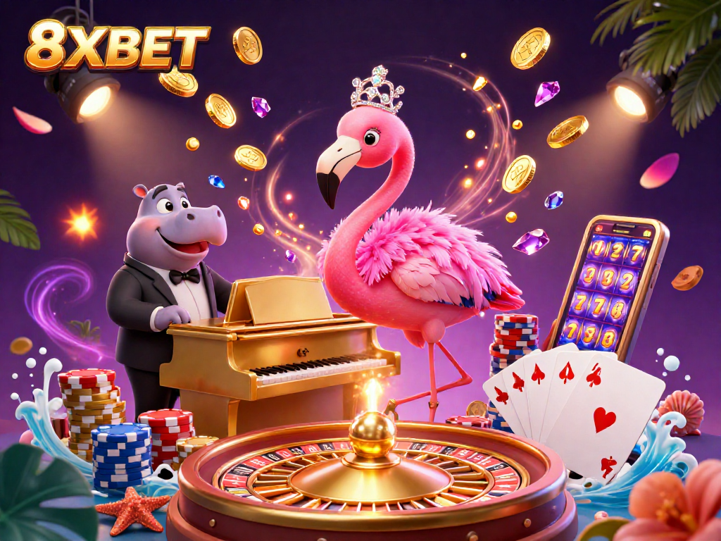 Experience thrilling wins at 8XBET with a lively casino scene featuring playful characters and jackpot elements.