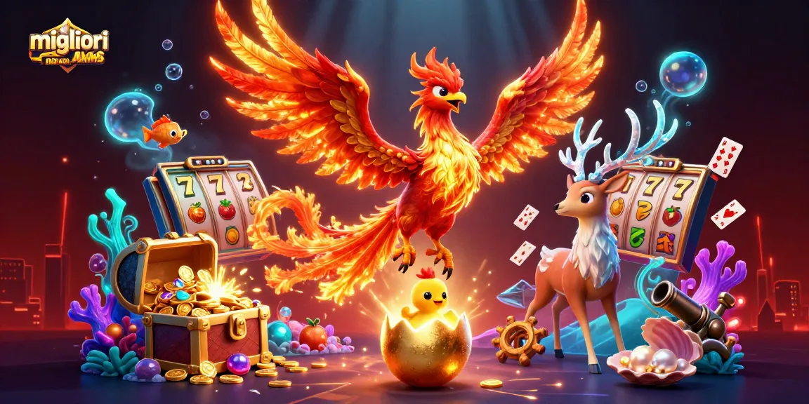 Migliori casino non AAMS scena illustrata con un fenice e elementi delle slot che ruotano verso la vittoria