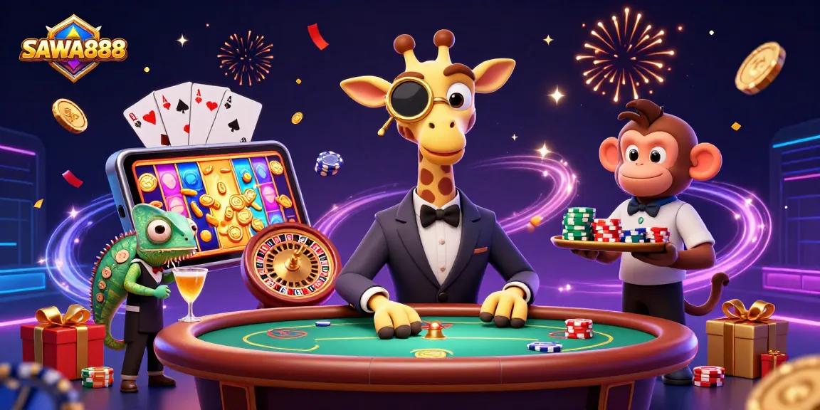 Experience thrill with SAWA888's high-roller giraffe and monkey valet at the luxury poker table